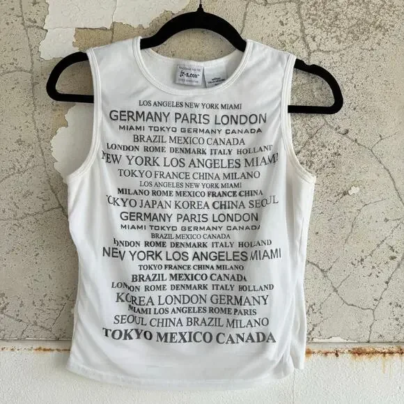 Y2K Tank Top Graphic City Print White Black Sleeveless Shirt Vtg Cotton Womens M - Picture 1 of 8